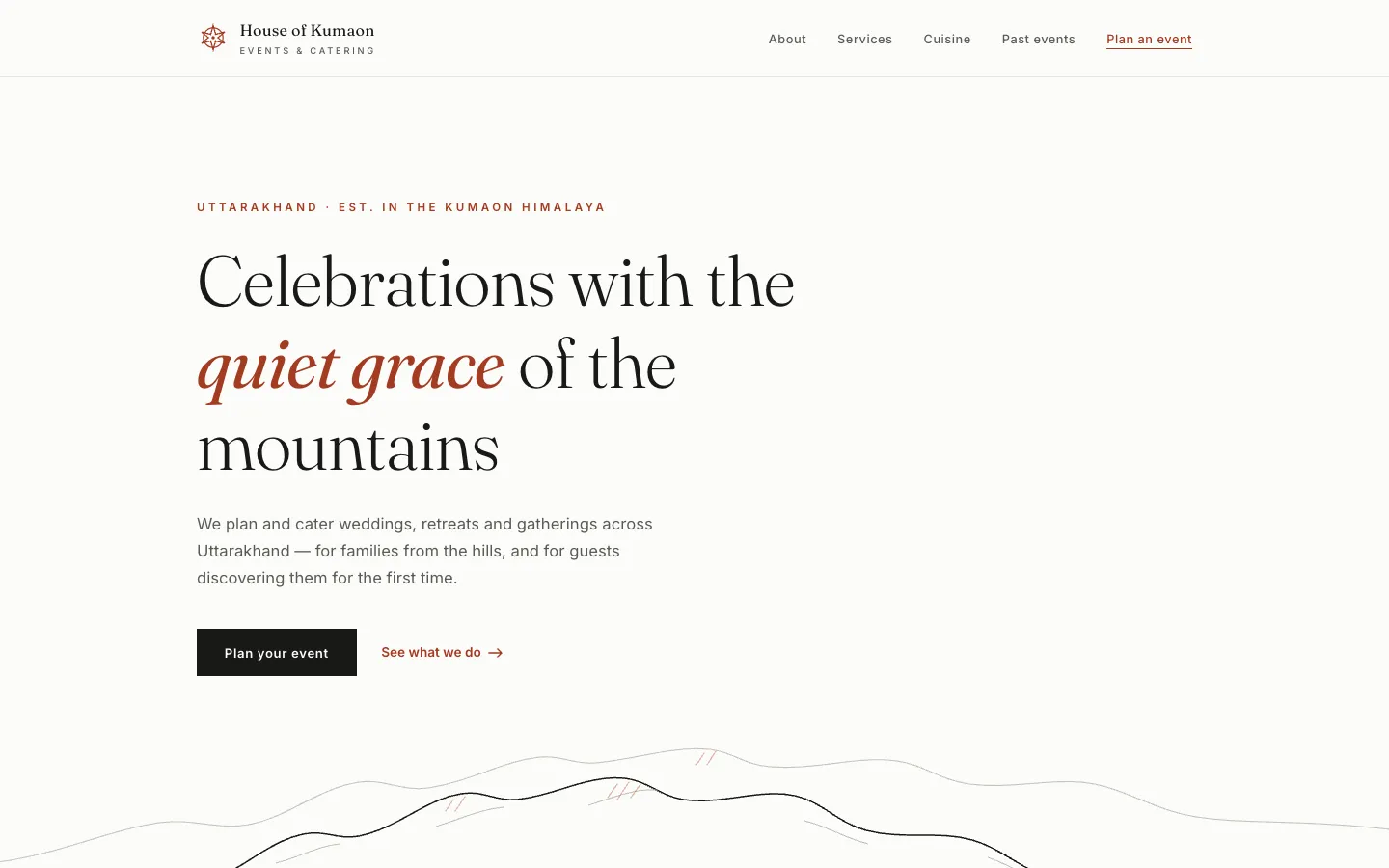 House of Kumaon homepage: the headline “Celebrations with the quiet grace of the mountains” above a line drawing of Himalayan ridges.