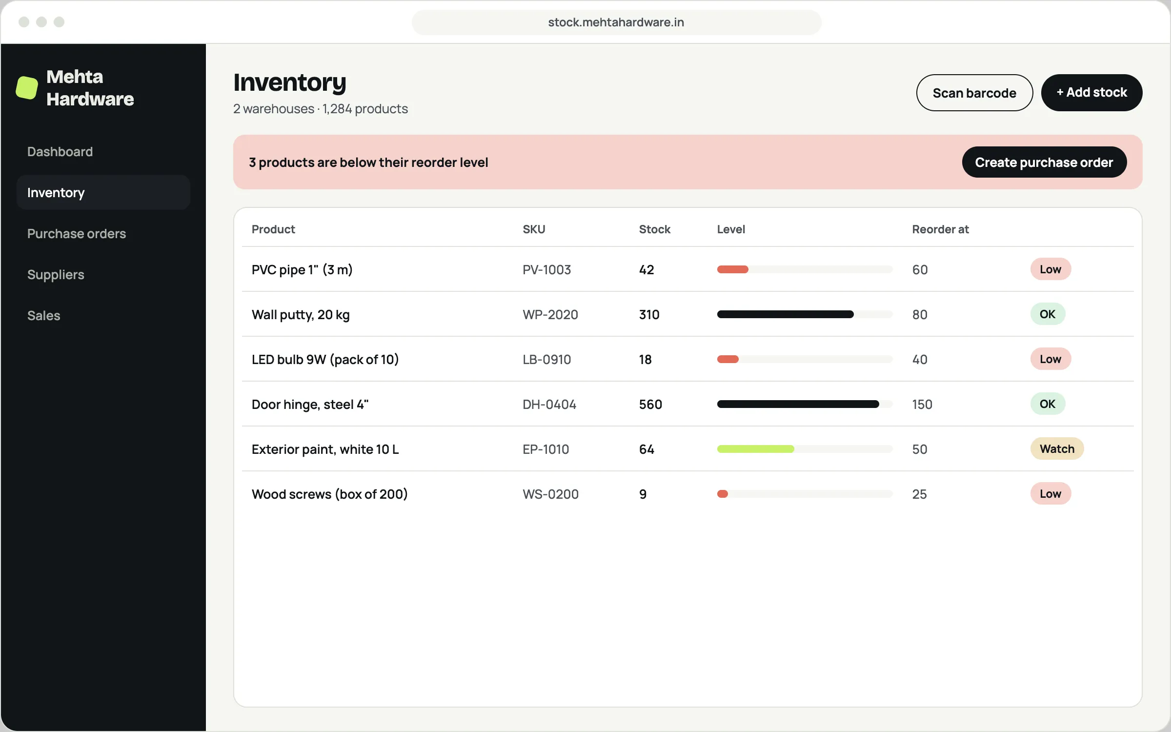 Example inventory app for a hardware store: products with stock levels, reorder points and low-stock warnings, plus a button to create a purchase order.