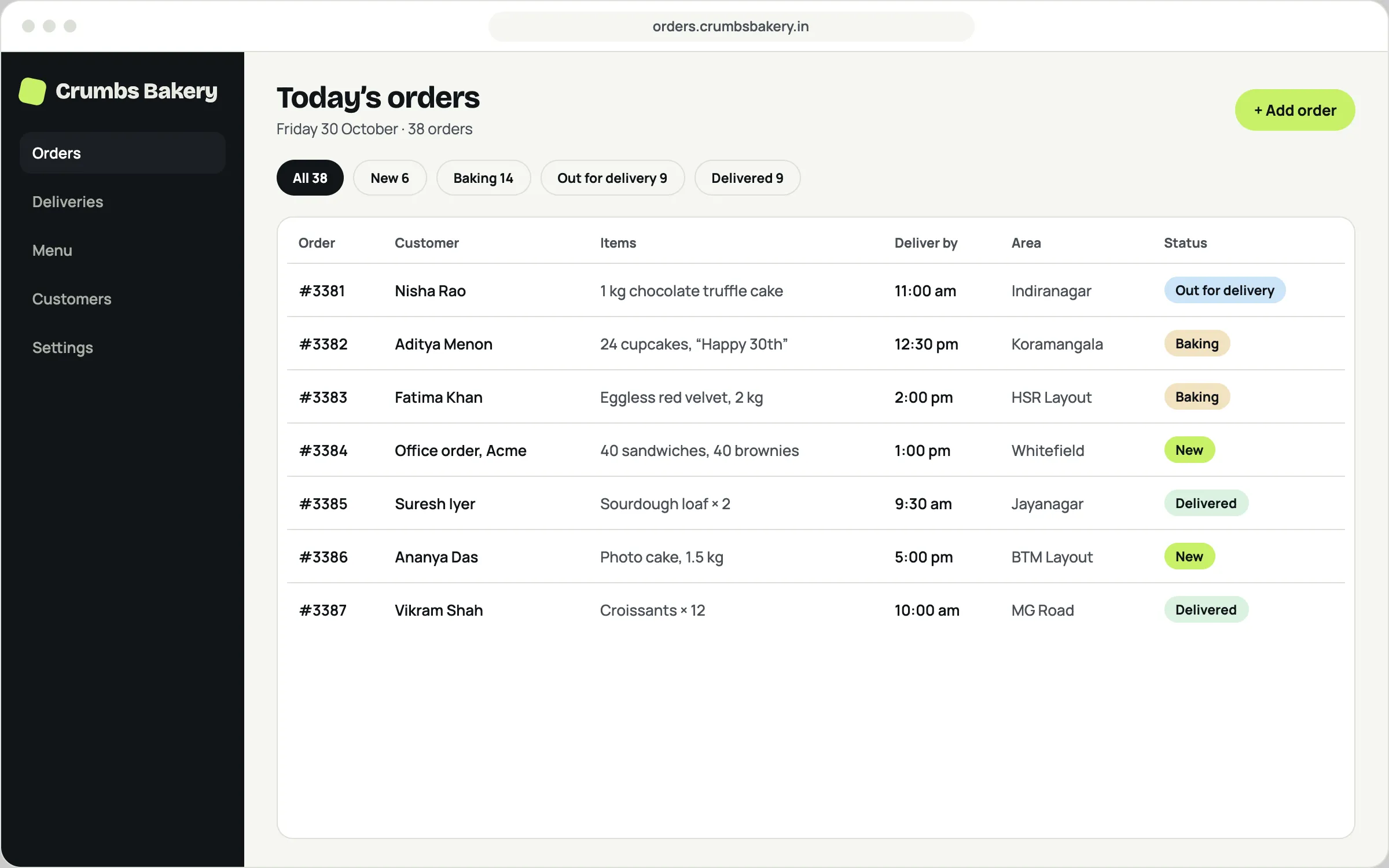 Example order tracker for a bakery: today’s orders with customer, items, delivery time, area and a status such as baking, out for delivery or delivered.