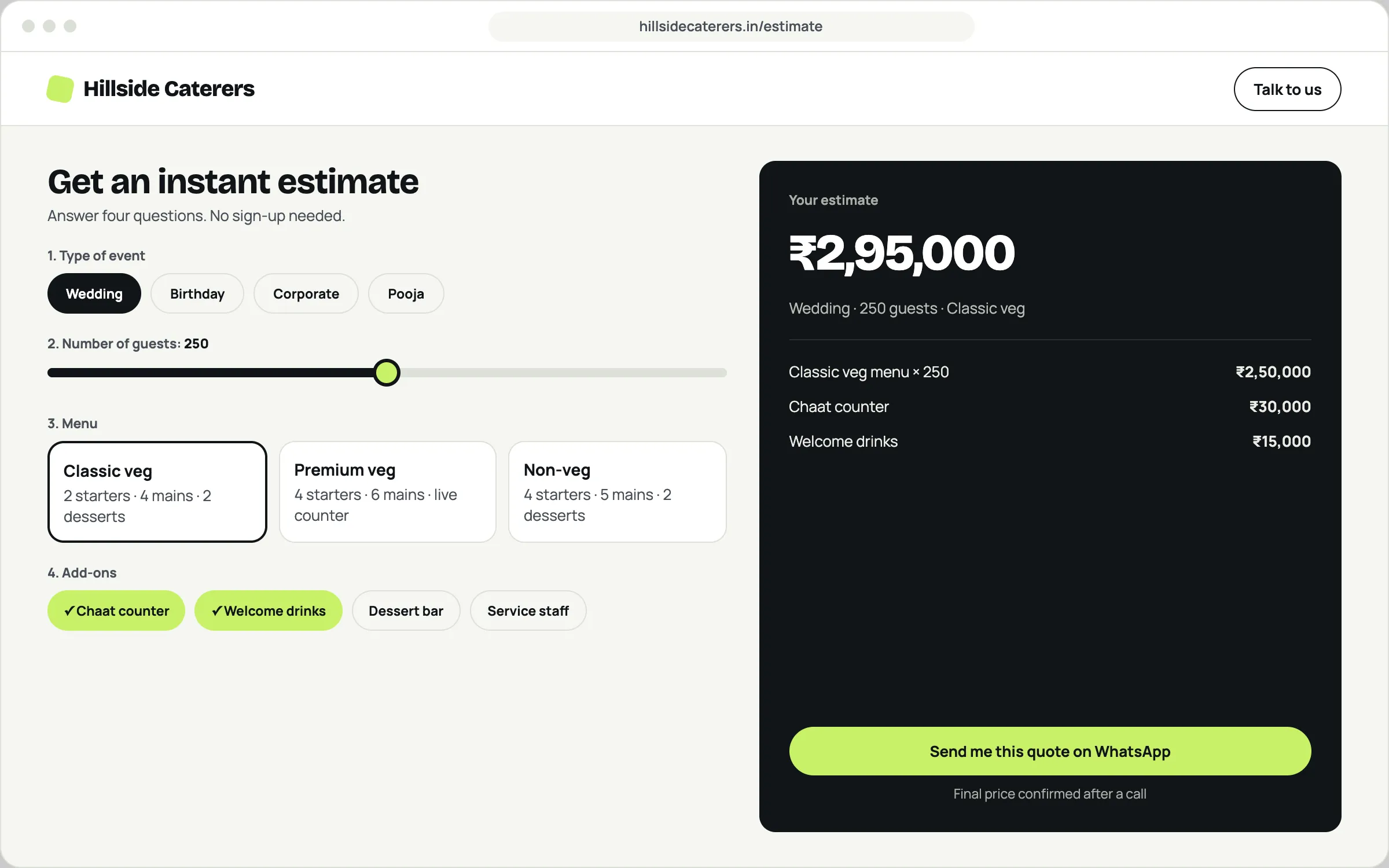 Example estimate calculator for a caterer: visitors choose the event type, number of guests, menu and add-ons, and see an itemised estimate they can send on WhatsApp.
