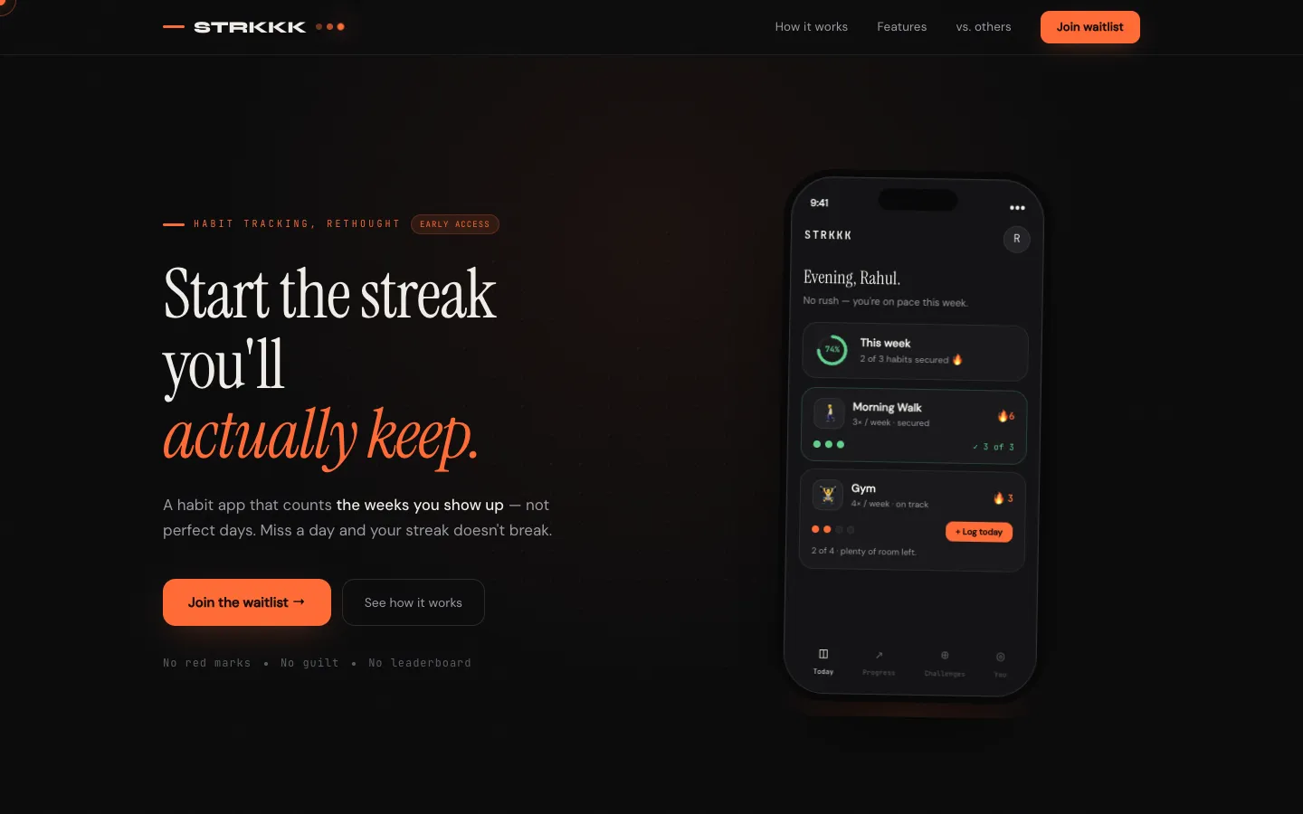 STRKKK homepage: the headline “Start the streak you’ll actually keep.” beside a phone showing weekly habit progress.